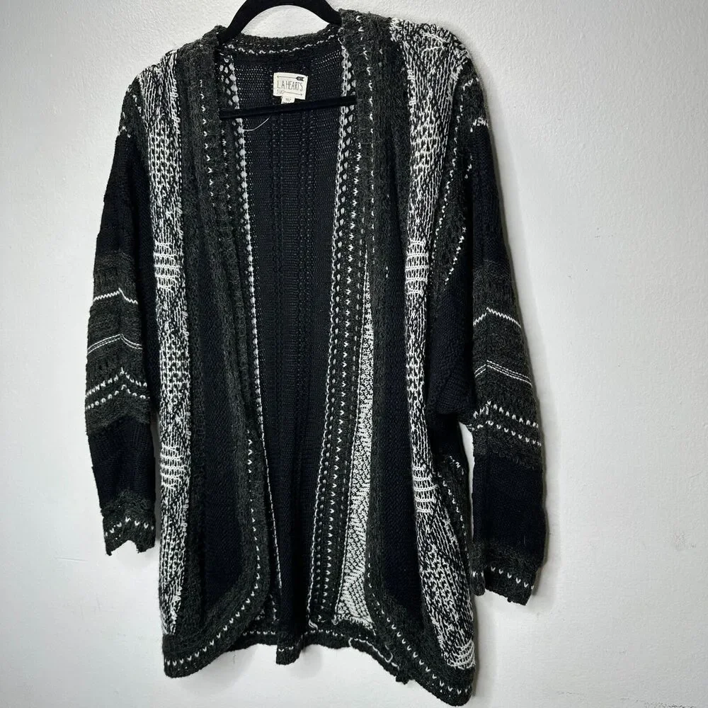 LA Hearts Black Gray and Cream Striped Knit Long Line Open Cardigan Sweater OS - Picture 3 of 14